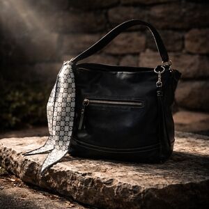 Coach Black Leather Satchel with Patterned Scarf
